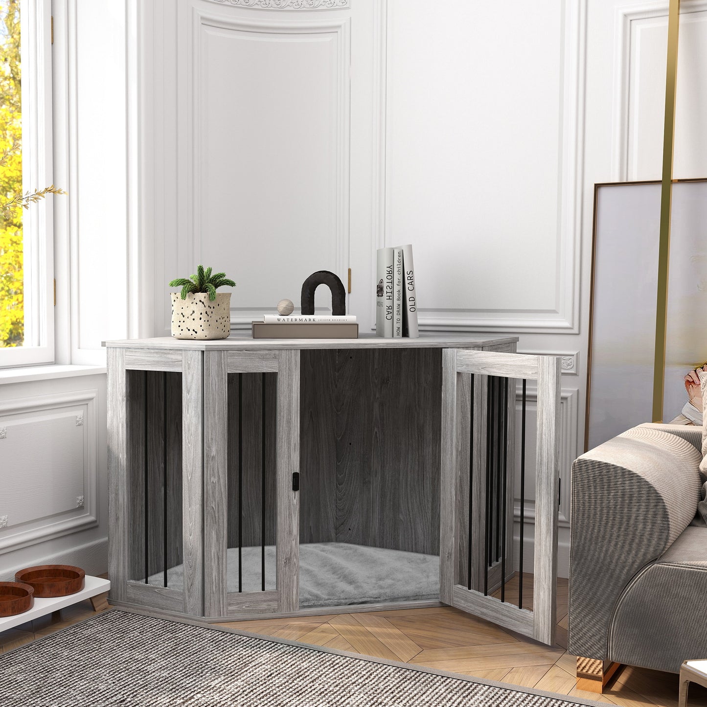 2 in 1 Dog Crate with Side Table, Cushion, 122 x 61 x 71cm in Grey by PawHut-8