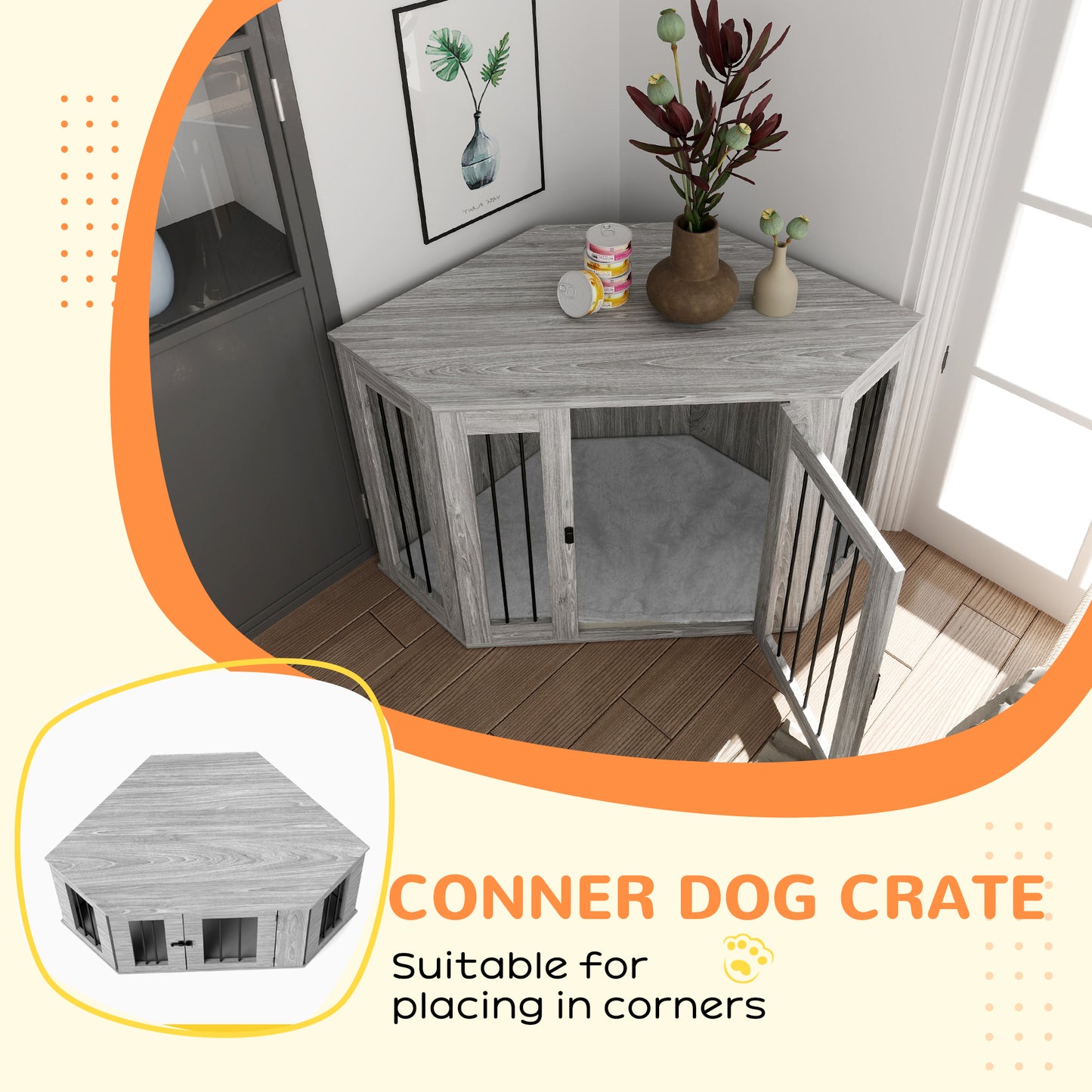 2 in 1 Dog Crate with Side Table, Cushion, 122 x 61 x 71cm in Grey by PawHut-3