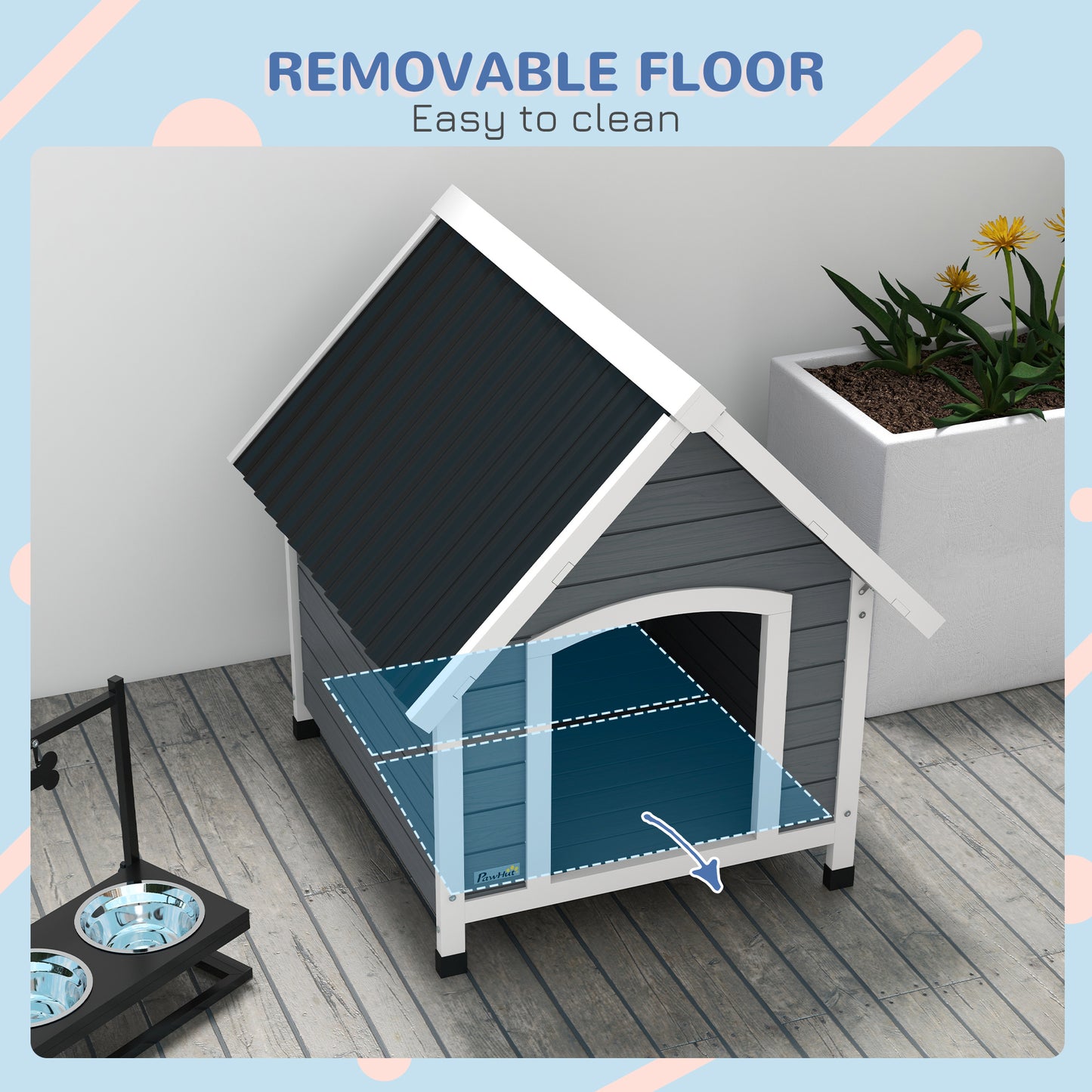 Outdoor Dog Kennel Wooden Dog House w/ Removable Floor, Anti-Corrosion Wood, for Medium Dogs, 75W x 88D x 82Hcm | PawHut-3