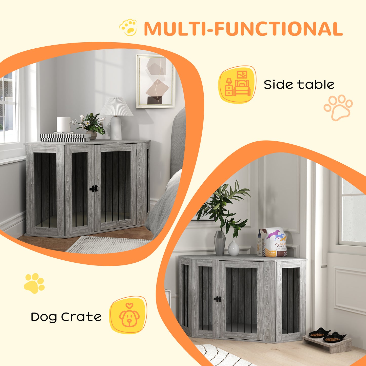 2 in 1 Dog Crate with Side Table, Cushion, 122 x 61 x 71cm in Grey by PawHut-2