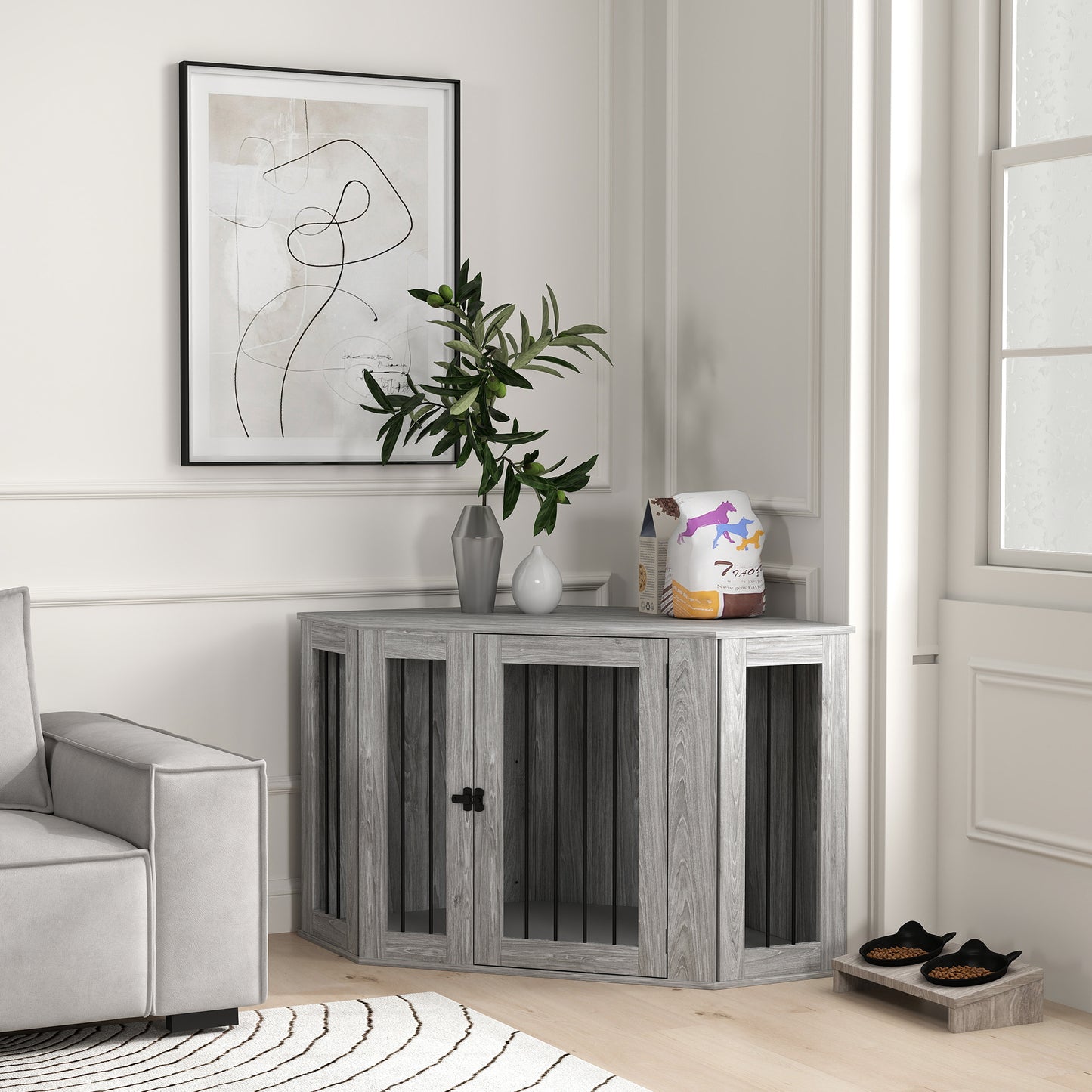 2 in 1 Dog Crate with Side Table, Cushion, 122 x 61 x 71cm in Grey by PawHut-7